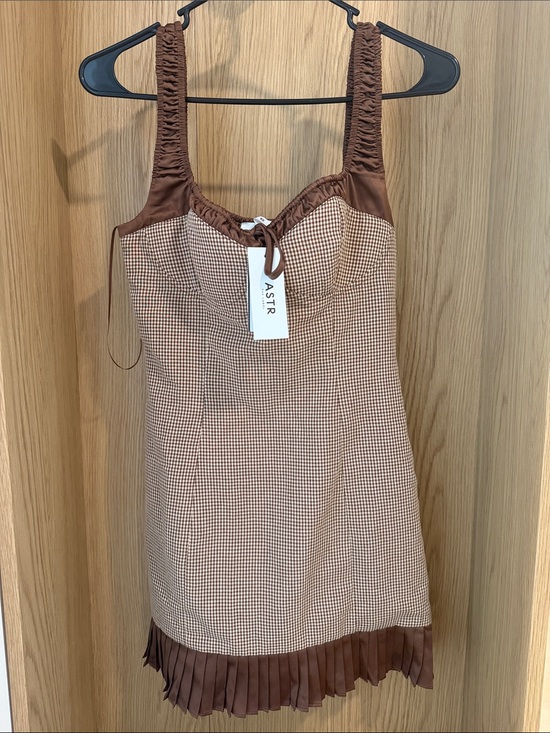 Astr Other - Astr Brown Checked Slip Dress with Ruched Straps & Pleated Hem
